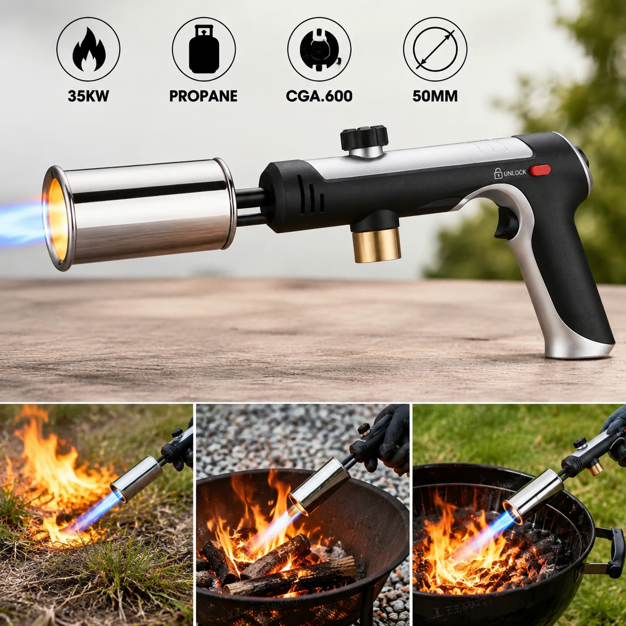 Housmax 35KW Fire Torch — 50mm Nozzle, CGA600 | Campfire · Weed Burn · Ice Melt