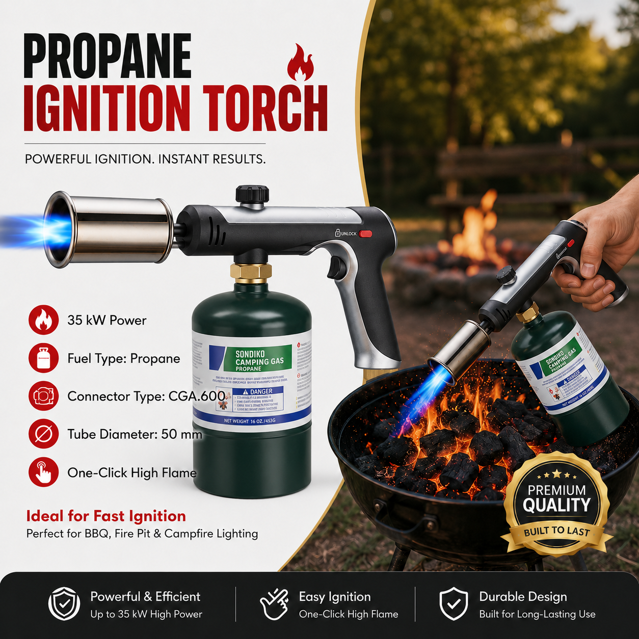 Housmax 35KW Fire Torch — 50mm Nozzle, CGA600 | Campfire · Weed Burn · Ice Melt