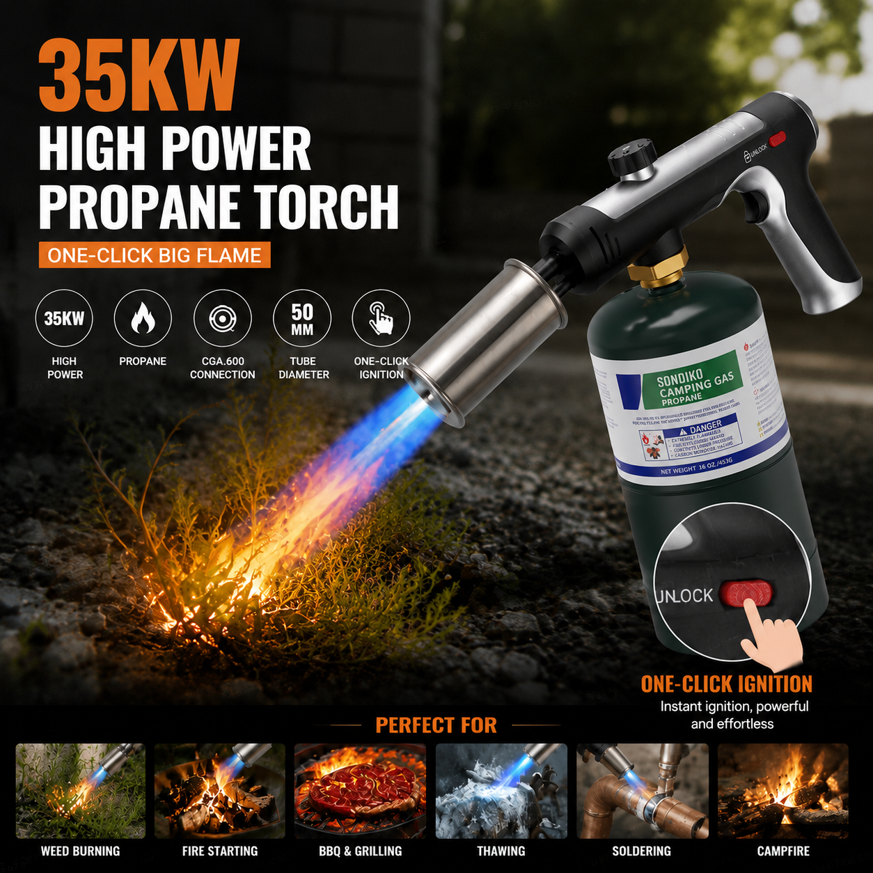 Housmax 35KW Fire Torch — 50mm Nozzle, CGA600 | Campfire · Weed Burn · Ice Melt