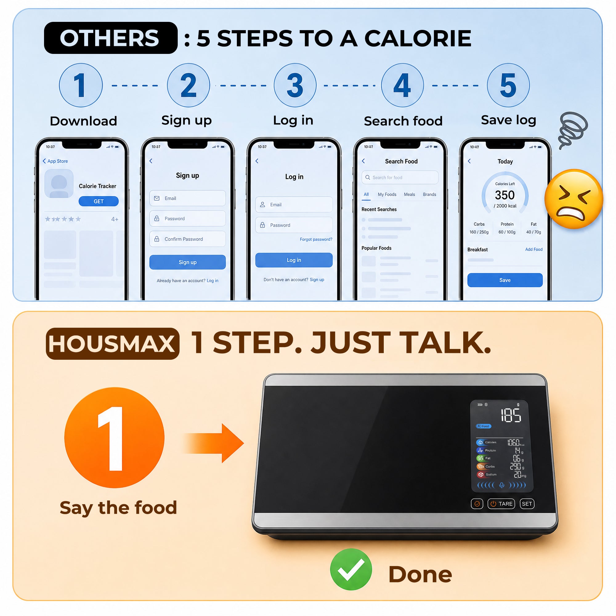 Housmax Smart Food Scale with 500-Food Nutrition Database — Digital Kitchen Scale Voice Control 5kg/11lb Capacity