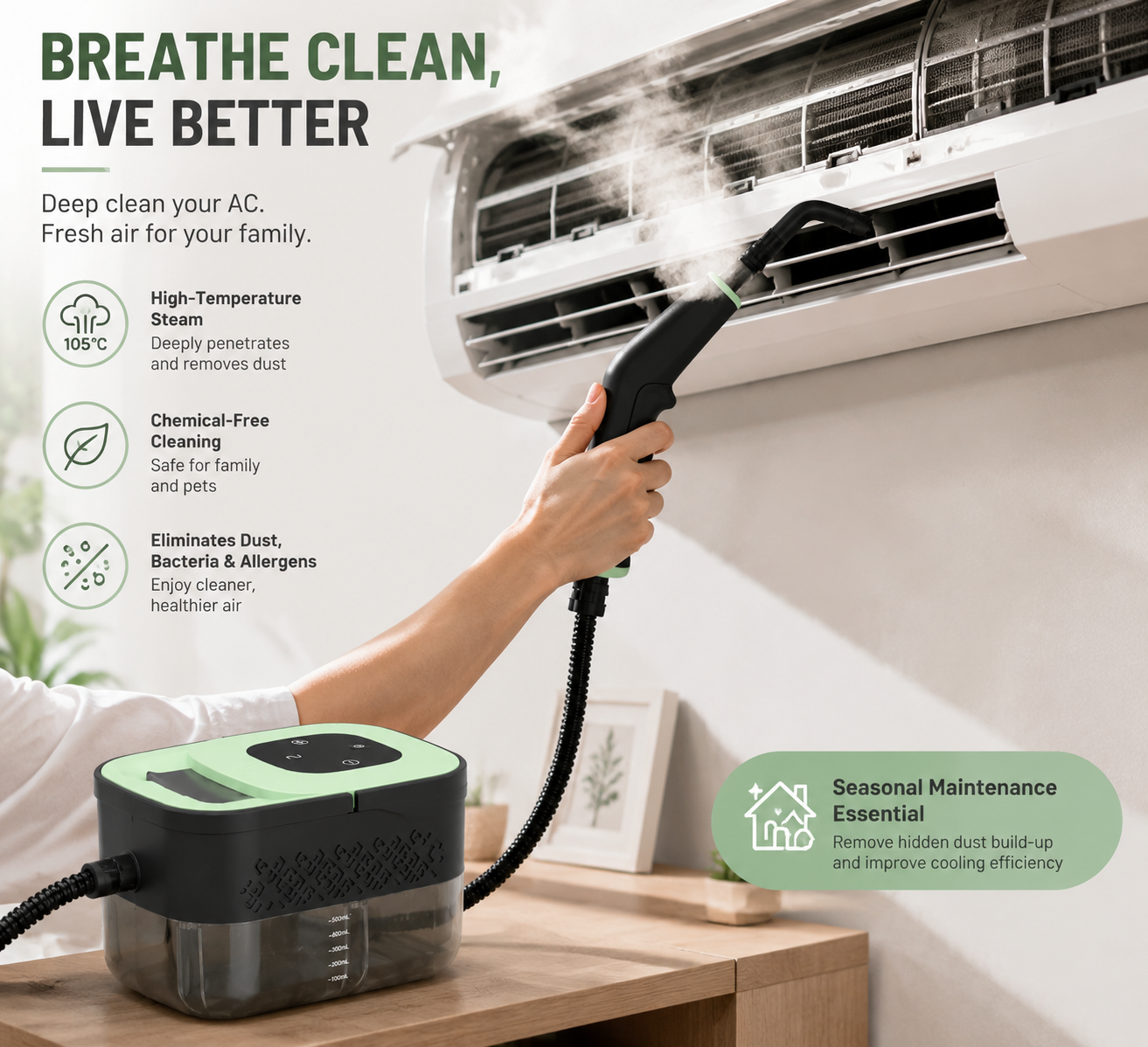 Housmax Handheld Pressurized Vapor Steamer for Chemical-Free Deep Cleaning (green)